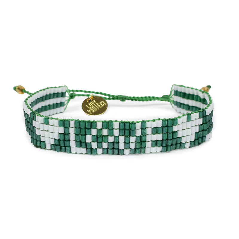 Seed Bead LOVE with Hearts Bracelet - Green and White Love Is Project