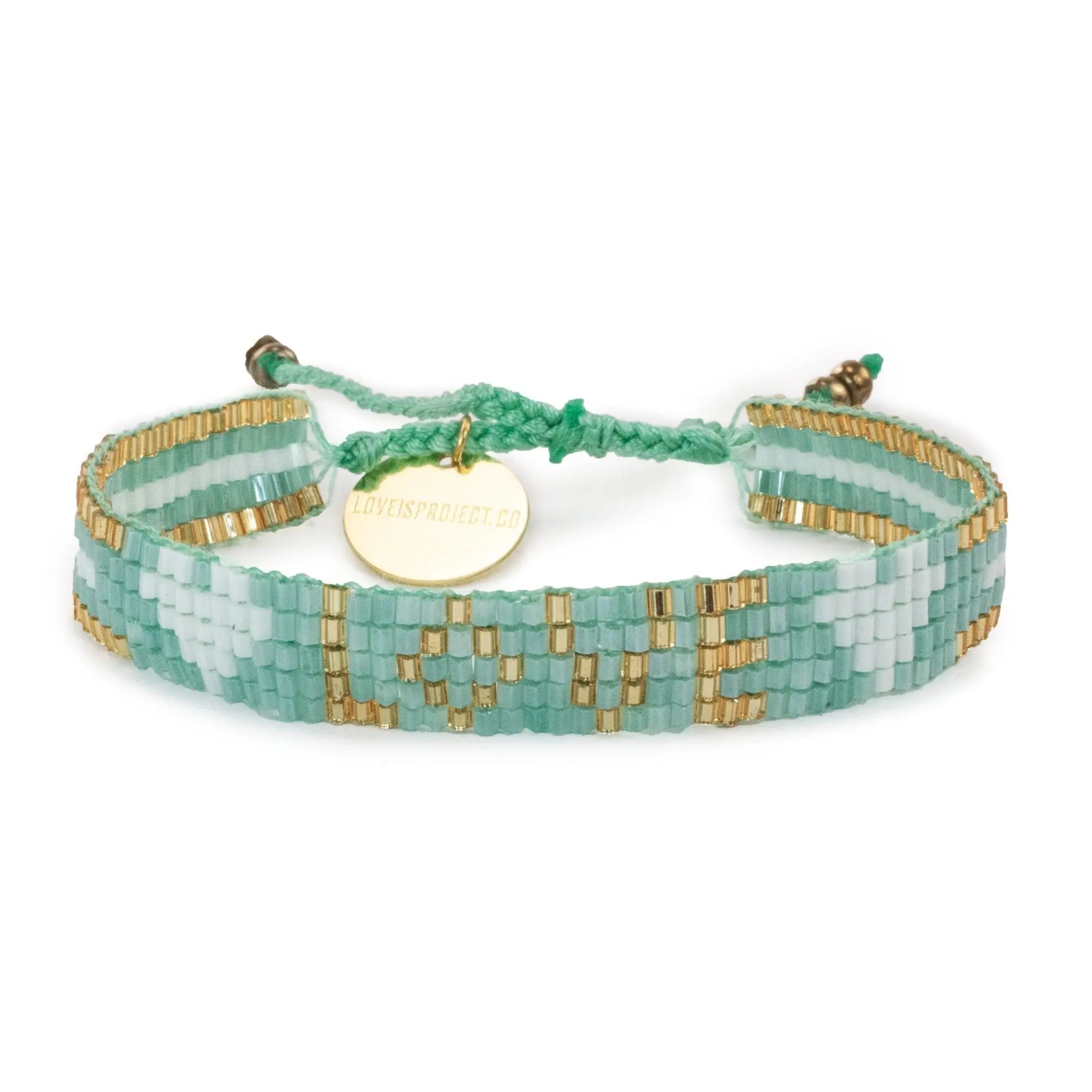 Seed Beaded LOVE Bracelet with Hearts - Mint - Love Is Project