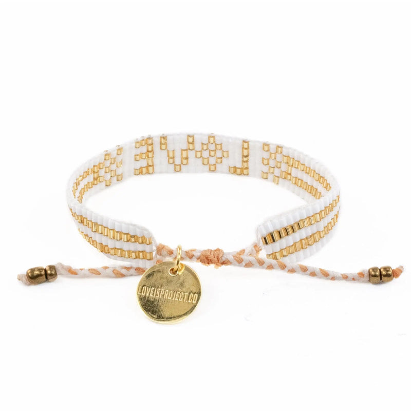 Seed Bead LOVE Bracelet - White & Gold Love Is Project