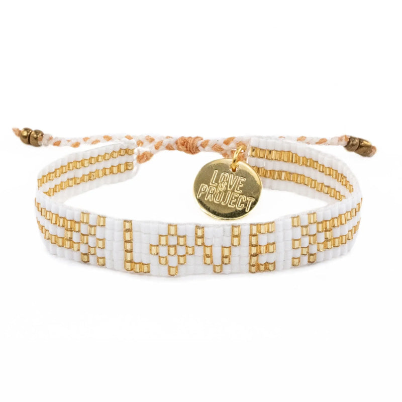 Seed Bead LOVE Bracelet - White & Gold Love Is Project