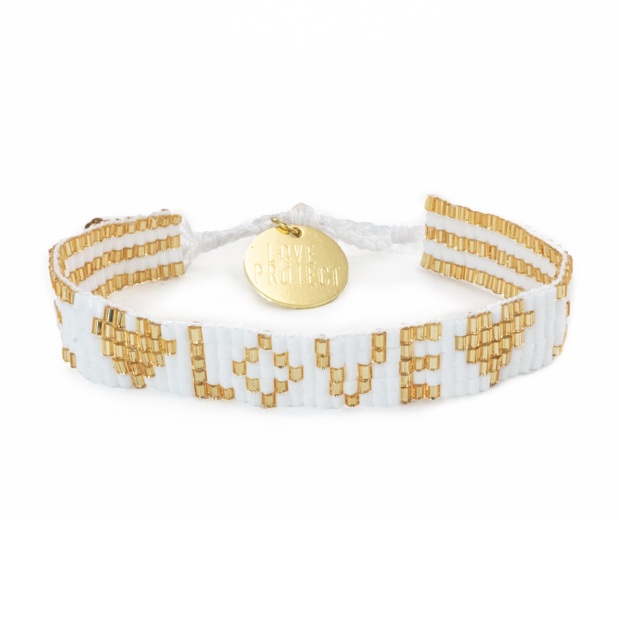 Seed Bead LOVE with Hearts Bracelet - White & Gold