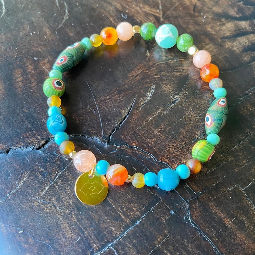 Evil Eye Recycled Glass Bracelet - Carnelian Sunset Stone - Love Is Project