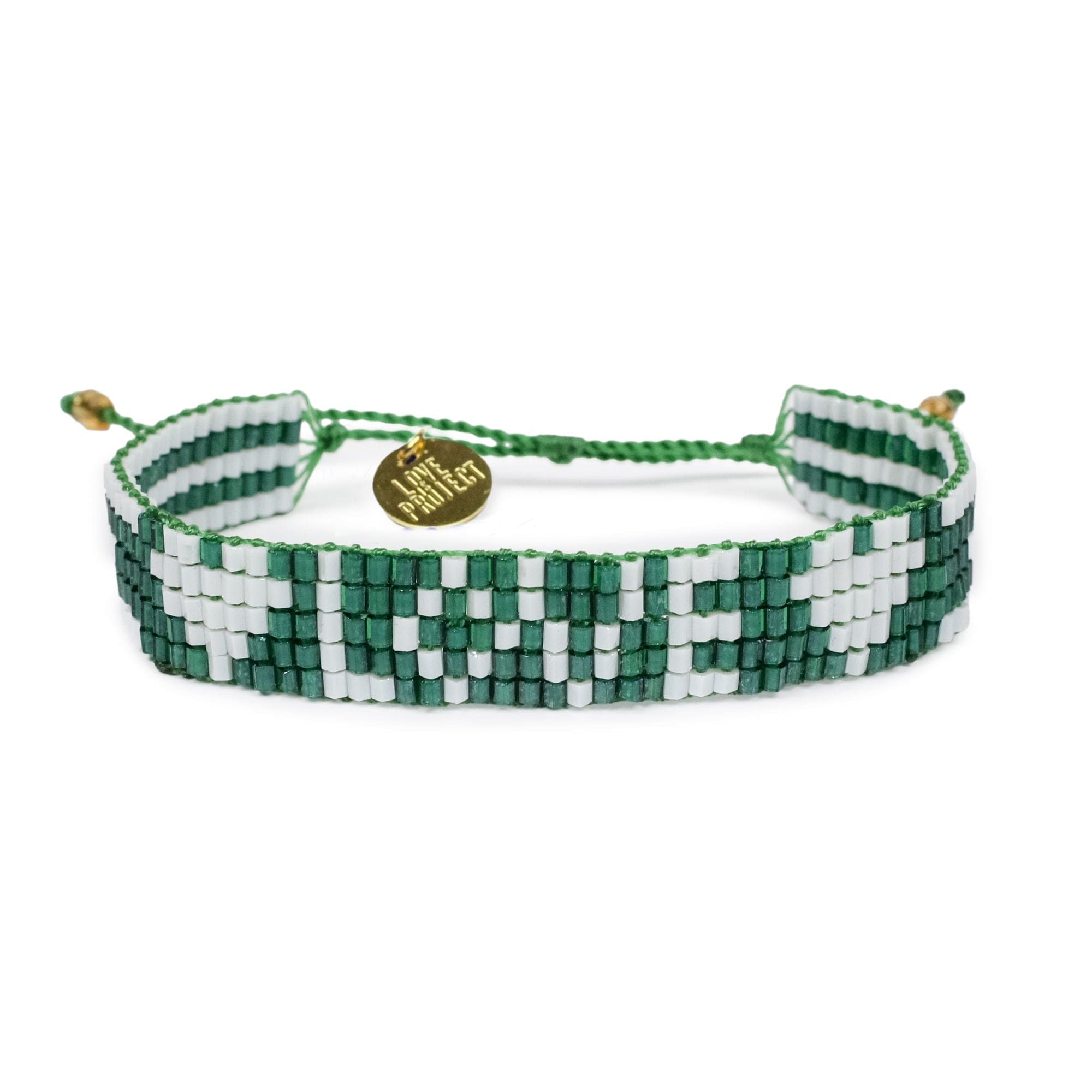 Seed Bead LOVE with Hearts Bracelet - Green and White