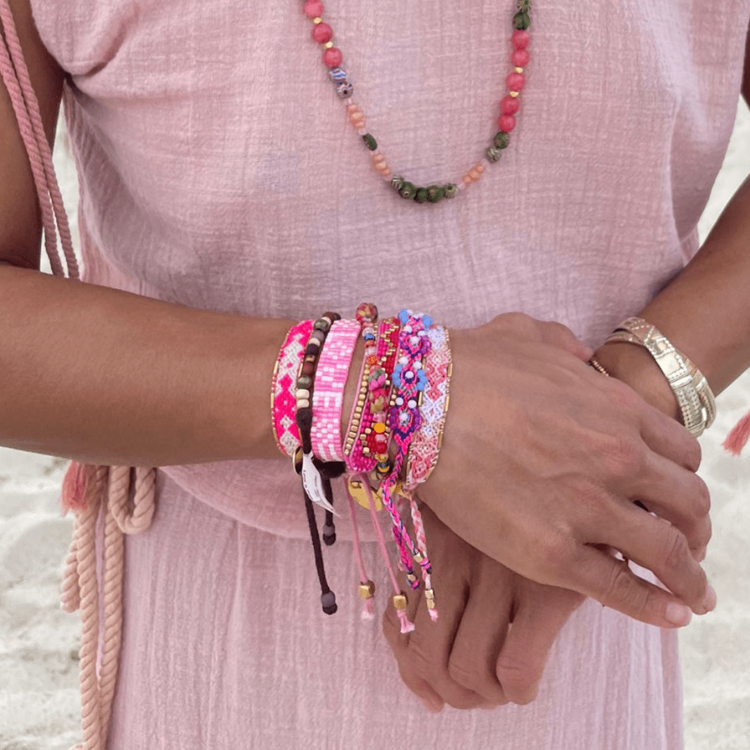 Bali Friendship Bracelet - Neon Pink & White ,