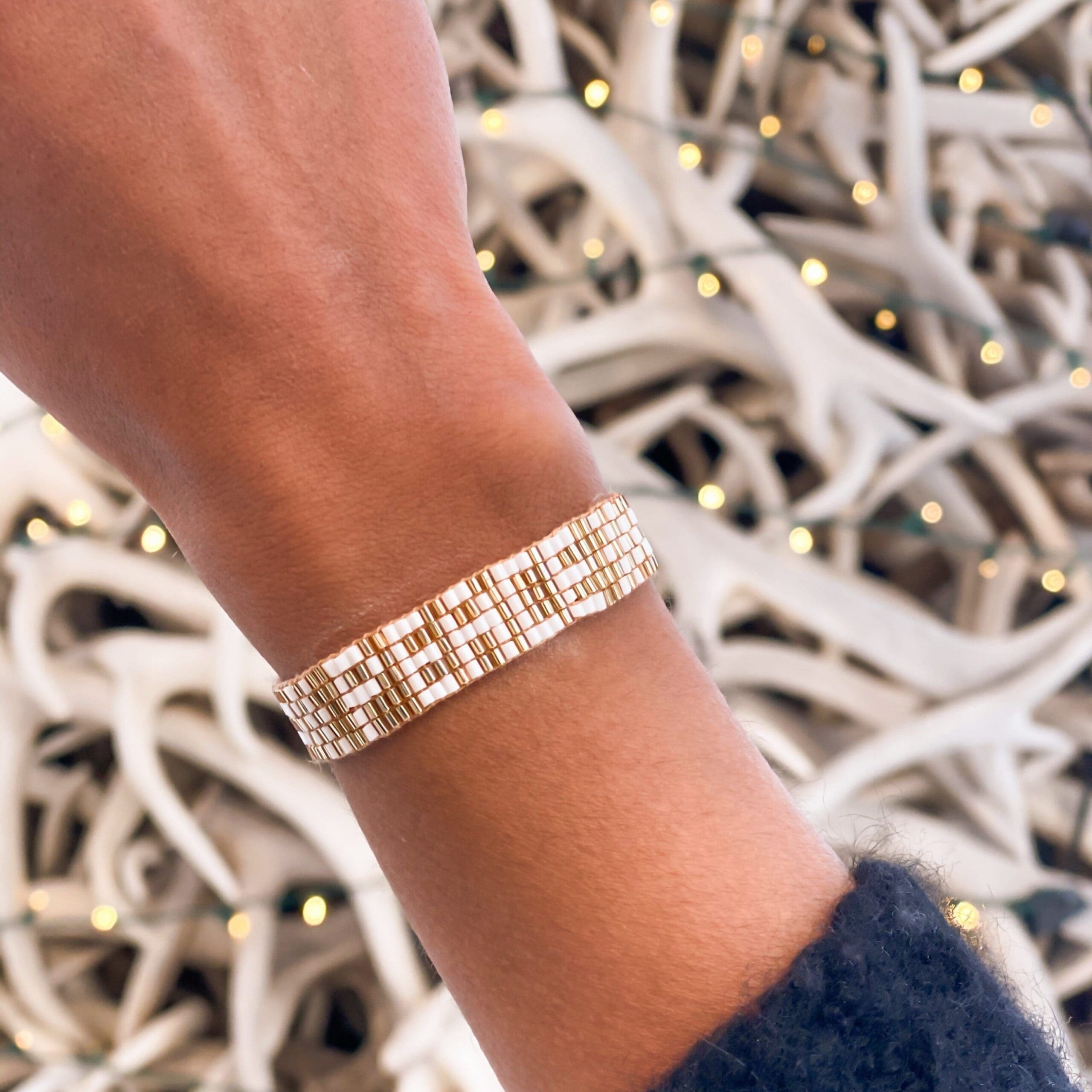 Custom Seed Bead PEACE Bracelet  - Gold & White - Love Is Project